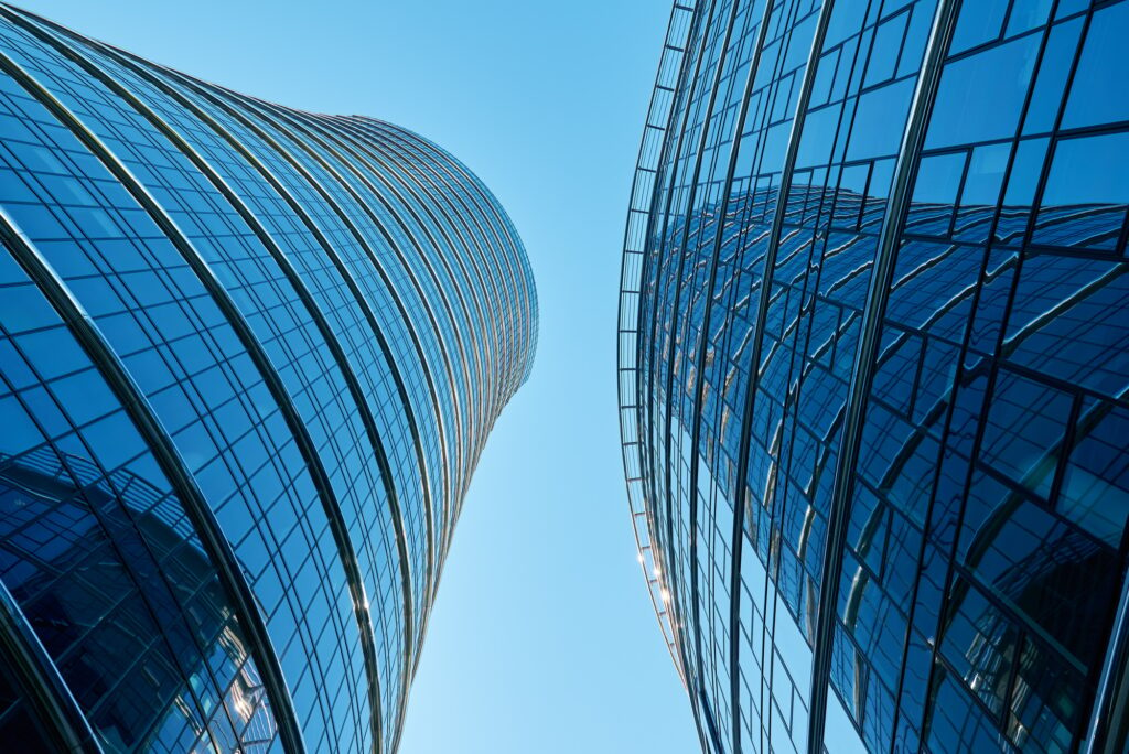 Glass facade of high rise building with geometric lines. Modern architecture